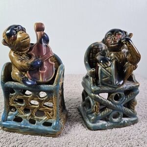 2 Vintage Majolica Monkey Music Fiqurines